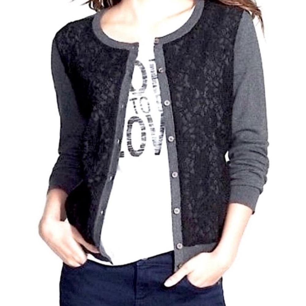 Vince Camuto Black Gray Knit Lace Button up Cotton Cardigan Soft Classic sweater - Picture 3 of 6